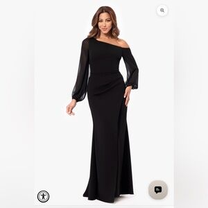 Betsy & Adam Black “Donna” Long Off The Shoulder Illusion Sleeve Dress